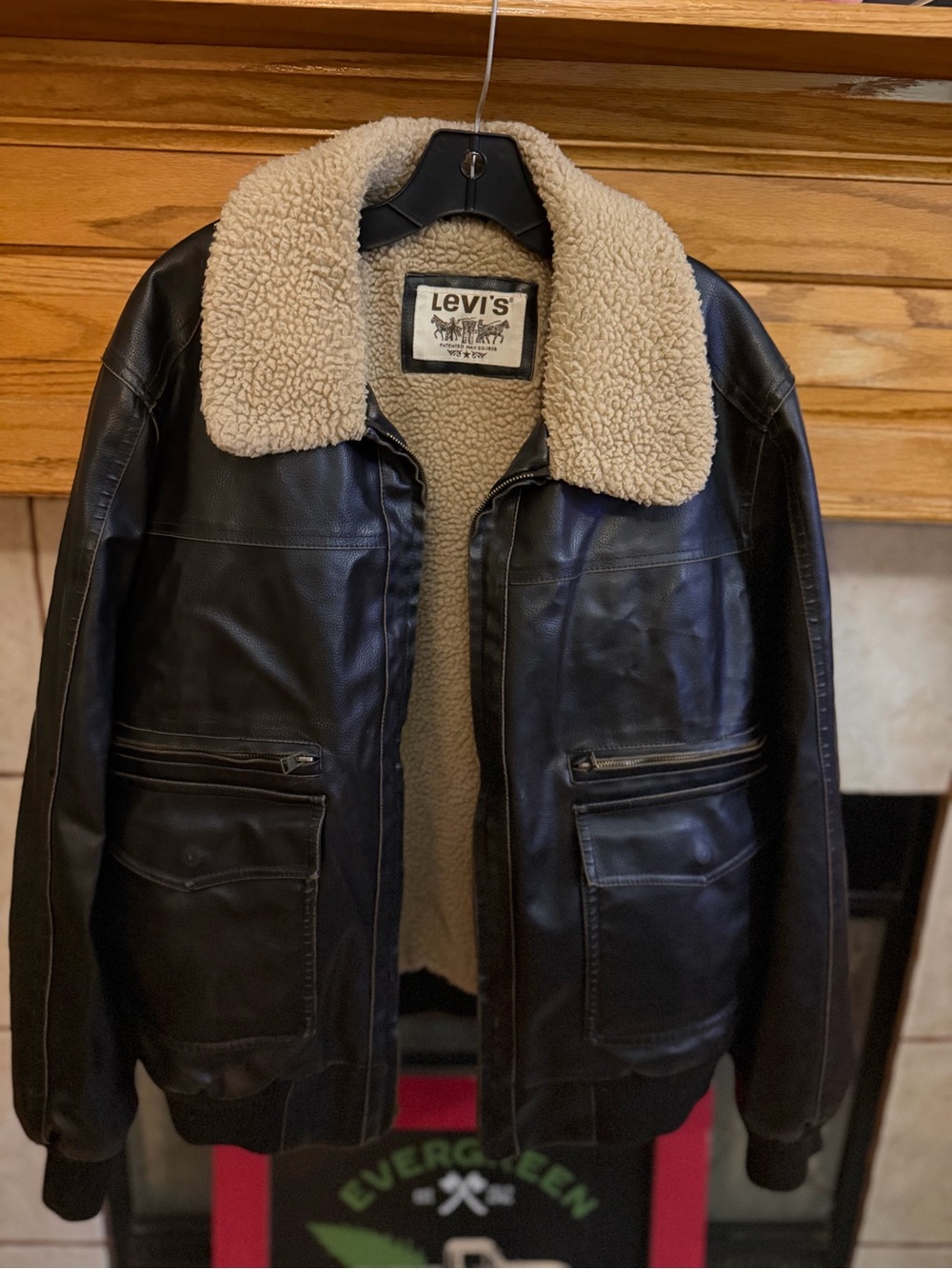 Levi's Black Faux Leather Bomber Jacket with Cream Sherpa Collar